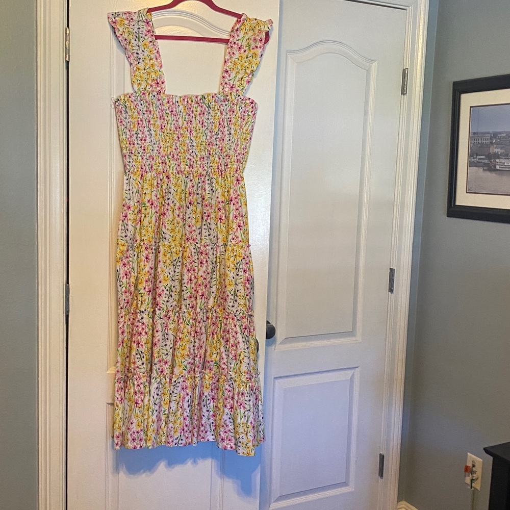 Crown & Ivy Pink and Yellow Floral Smocked Top